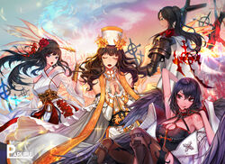  4girls angel armor artist_name bad_id bad_pixiv_id black_eyes black_hair blush breasts cleavage closed_eyes dungeon_and_fighter earrings facing_viewer female_crusader_(dungeon_and_fighter) female_priest_(dungeon_and_fighter) highres inquisitor_(dungeon_and_fighter) japanese_clothes jewelry large_breasts long_hair looking_at_viewer looking_away miko mistress_(dungeon_and_fighter) multiple_girls open_mouth papupu parted_lips photoshop_(medium) ponytail shaman_(dungeon_and_fighter) short_hair smile tongue tongue_out 