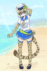  :3 alternate_costume animal_ears arm_up armpits beach blonde_hair blue_skirt blue_sky blush cat_ears cat_tail day elbow_gloves extra_ears female full_body glasses gloves green_eyes hand_on_headwear hat horizon kemono_friends kemono_friends_festival looking_at_viewer margay_(kemono_friends) margay_print miniskirt multicolored_hair ocean outdoors pleated_skirt print_gloves print_thighhighs rumenia_(ao2is) sailor_hat school_uniform serafuku shirt short_hair skirt sky sleeveless sleeveless_shirt solo standing star_(symbol) tail thighhighs white_hair zettai_ryouiki 