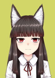  :3 absurdres animal_ears blunt_bangs brown_hair closed_mouth collared_shirt commentary_request female fox_ears fox_girl grey_background highres inagaki_yoko indie_virtual_youtuber long_hair looking_at_viewer neck_ribbon red_eyes red_ribbon ribbon shirt simple_background smile smug solo suspenders toluda upper_body virtual_youtuber white_shirt wing_collar 