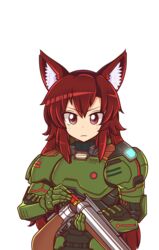  absurdres armor blush closed_mouth commentary_request cosplay doom_(2016) doom_(series) doomguy doomguy_(cosplay) female gun highres holding holding_gun holding_weapon imaizumi_kagerou long_hair looking_at_viewer majormilk power_armor praetor_suit red_eyes red_hair shotgun shotgun_shell smile solo touhou upper_body weapon wool_(miwol)_(style) 