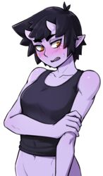  black_hair black_tank_top blush colored_skin commentary female groin highres horns ittla looking_away navel open_mouth orange_eyes original pointy_ears purple_skin sharp_teeth short_hair skin-covered_horns slit_pupils solo sweatdrop tank_top teeth thick_eyebrows transparent_background ume_(ittla) upper_body 