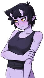  black_hair black_tank_top blush colored_skin commentary english_commentary female frown groin highres horns ittla looking_away navel orange_eyes original pointy_ears purple_skin short_hair skin-covered_horns slit_pupils solo sweatdrop tank_top thick_eyebrows transparent_background ume_(ittla) upper_body 