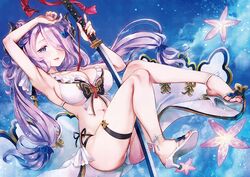  arm_up armpits between_breasts between_legs bikini blue_background blue_eyes braid breasts butterfly_ornament cloud commentary_request day double_bun draph female floating floating_hair frills full_body granblue_fantasy hair_bun hair_ornament hair_over_one_eye high_heels holding holding_sword holding_weapon horns katana large_breasts light_particles light_purple_hair long_hair looking_at_viewer midair namanie narmaya_(granblue_fantasy) narmaya_(summer)_(granblue_fantasy) navel official_alternate_costume parted_lips pointy_ears purple_hair red_ribbon ribbon sandals shoes side-tie_bikini_bottom smile solo stomach swimsuit sword thigh_strap twin_braids unsheathed weapon white_bikini white_footwear 