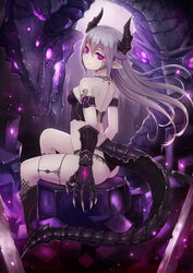  armlet ass bare_shoulders black_footwear black_panties boots breasts claws closed_mouth commentary_request dragon dragon_girl dragon_horns dragon_tail facial_tattoo female floating_hair from_side gauntlets gem glowing glowing_eyes grey_hair highres horns kai_(ootamuno12) long_hair looking_at_viewer looking_back medium_breasts original pale_skin panties photoshop_(medium) pink_eyes pointy_ears sitting slit_pupils solo tail tattoo tied_hair underwear 