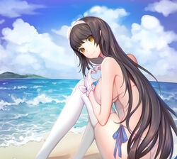  absurdres ass bad_id bad_pixiv_id beach bikini black_hair blush breasts brown_eyes closed_mouth day female girls&#039;_frontline gloves heart heart_hands highres large_breasts long_hair looking_at_viewer ocean official_alternate_costume outdoors papupu photoshop_(medium) sideboob smile solo swimsuit thighhighs type_95_(girls&#039;_frontline) type_95_(summer_cicada)_(girls&#039;_frontline) white_bikini white_gloves white_thighhighs 