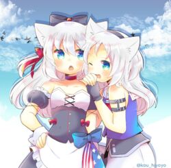  2girls alternate_eye_color american_flag american_flag_print animal_ear_fluff animal_ears apron arm_belt artist_name azur_lane bare_shoulders bird black_bow black_dress black_gloves black_hairband black_sleeves blue_eyes blue_sky blue_vest blush bow bowtie breasts buttons cat_ears choker cloud cloudy_sky collarbone commentary_request cross-laced_clothes cross-laced_dress cuff_links day detached_sleeves dress fingerless_gloves fingernails flag_print frilled_apron frilled_sleeves frills gloves hair_between_eyes hairband hairbow hammann_(azur_lane) hammann_(retrofit)_(azur_lane) hand_on_own_hip kou_hiyoyo long_hair multiple_girls neckerchief one_eye_closed one_side_up open_mouth outdoors print_bow print_bowtie puffy_short_sleeves puffy_sleeves red_bow red_choker red_neckerchief sailor_collar shirt short_sleeves sidelocks sims_(azur_lane) sky sleeveless sleeveless_shirt small_breasts strapless strapless_dress twitter_username vest waist_apron waist_bow white_apron white_hair white_sailor_collar wrist_cuffs 