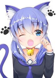  ;o animal_ear_fluff animal_ears bell black_shirt blue_choker blue_neckerchief blush breasts cat_ears cat_girl cat_tail choker collarbone commentary_request female hair_between_eyes hair_ornament hand_up highres jingle_bell kemonomimi_mode long_hair long_sleeves looking_at_viewer low_twintails medium_breasts neck_bell neckerchief nijisanji oerba_yun_fang one_eye_closed open_mouth sailor_collar school_uniform serafuku shirt simple_background solo tail tail_raised twintails upper_body virtual_youtuber white_background white_sailor_collar ymd_(holudoun) yuuki_chihiro yuuki_chihiro_(2nd_costume) 