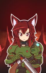  absurdres armor blush closed_mouth commentary_request cosplay doom_(2016) doom_(series) doomguy doomguy_(cosplay) female gun highres holding holding_gun holding_weapon imaizumi_kagerou long_hair looking_at_viewer majormilk power_armor praetor_suit red_eyes red_hair shotgun shotgun_shell smile solo touhou upper_body weapon wool_(miwol)_(style) 