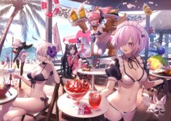  3boys 6+girls :d absurdres ahoge alternate_costume animal_hands apron arm_up artoria_pendragon_(alter_swimsuit_rider)_(fate) artoria_pendragon_(alter_swimsuit_rider)_(second_ascension)_(fate) artoria_pendragon_(fate) asterios_(fate) beer_mug bikini black_gloves black_hair blue_hair bow braid breasts bright_pupils closed_eyes commentary_request crossed_legs cu_chulainn_(fate) cu_chulainn_(fate/stay_night) cup day detached_collar doll_joints elbow_gloves euryale_(fate) fangs fate/grand_order fate_(series) flower food fou_(fate) fruit gilgamesh_(fate) gloves hair_flower hair_ornament hair_over_one_eye hairbow headpiece highres hood hoodie horns ishtar_(fate) ishtar_(swimsuit_rider)_(fate) jack_the_ripper_(fate/apocrypha) jack_the_ripper_(summer_little)_(fate) jeanne_d&#039;arc_alter_(avenger)_(fate) jeanne_d&#039;arc_alter_(fate) jeanne_d&#039;arc_alter_santa_lily_(fate) jeanne_d&#039;arc_alter_santa_lily_(summer_little)_(fate) joints large_breasts long_hair low_ponytail maid maid_bikini maid_headdress mash_kyrielight mashima_saki_(mashimasa) md5_mismatch medium_breasts mop mordred_(fate) mordred_(swimsuit_rider)_(fate) mug multiple_boys multiple_girls navel nursery_rhyme_(fate) nursery_rhyme_(summer_little)_(fate) open_mouth outdoors palm_tree parfait paw_gloves pink_hair prydwen_(fate) puffy_short_sleeves puffy_sleeves purple_eyes ribbon_trim sand_castle sand_sculpture short_hair short_sleeves side-tie_bikini_bottom sitting small_breasts smile strawberry swimsuit tamamo_(fate) tamamo_cat_(fate) tattoo thighhighs tray tree twin_braids unconventional_maid waist_apron wariza white_hair white_pupils white_thighhighs wrist_cuffs yellow_eyes 