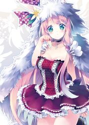  :o blush bow breasts choker cleavage collarbone commentary_request cowboy_shot female flower frilled_skirt frills green_eyes hair_flower hair_ornament hairbow highres imelia_(sennen_sensou_aigis) katakuri_tawawa large_breasts long_hair paw_pose pelt pink_hair sennen_sensou_aigis skirt solo very_long_hair wolf_pelt 