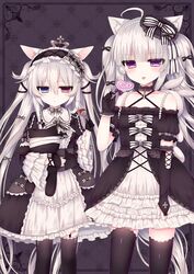  2girls :p absurdres alice_claudia animal_ears black_gloves black_legwear candy cat_ears choker dress food gloves gothic_lolita grey_hair hairband heart heterochromia highres jewelry lolita_fashion lollipop long_hair multiple_girls necklace original rolo_noir thighhighs tongue tongue_out tsukikage_nemu twintails 