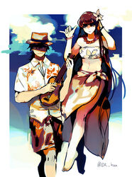  1boy banjo barefoot bikini black_hair blue_sky bracelet brown_hair closed_mouth cloud cloudy_sky collared_shirt commentary_request fate/grand_order fate_(series) female floating floral_print flower hair_flower hair_ornament hat highres holding holding_instrument idk-kun instrument jewelry long_hair looking_at_viewer music navel oryou_(fate) outdoors playing_instrument ponytail sakamoto_ryouma_(fate) sarong shirt short_sleeves shorts sky smile straw_hat sunglasses swimsuit twitter_username wing_collar 