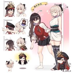  &gt;_&lt; 2girls :d bare_shoulders brown_eyes chibi closed_eyes commentary_request fate/grand_order fate_(series) grey_hair hair_over_one_eye hair_ribbon hat height_difference jacket keikenchi_(style) long_hair mini_nobu_(fate) multiple_girls oda_nobunaga_(fate) oda_nobunaga_(swimsuit_berserker)_(fate) oda_nobunaga_(swimsuit_berserker)_(first_ascension)_(fate) oda_uri okita_souji_(fate) okita_souji_(koha-ace) omi_(tyx77pb_r2) open_mouth peaked_cap ribbon short_ponytail skirt sleeveless smile stadiometer thighhighs track_jacket translated unworn_hat unworn_headwear xd 