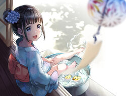  :d back_bow barefoot blue_flower blue_kimono blurry blurry_foreground blush bow brown_hair commentary_request day depth_of_field female fingernails floral_print flower hair_bun hair_flower hair_ornament highres hydrangea hydrangea_hair_ornament hydrangea_print ice ice_cube japanese_clothes kimono matsuzaki_miyuki nape obi open_mouth original outdoors print_kimono purple_eyes red_bow rubber_duck sash short_sleeves sidelocks single_hair_bun single_side_bun sitting smile soaking_feet solo teeth upper_teeth_only water wide_sleeves wind_chime yukata 