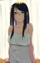  alternate_hairstyle bags_under_eyes beijuu black_hair blue_eyes blush breasts camisole closed_mouth collarbone curtains female hair_between_eyes hair_down highres indoors krt_girls large_breasts long_hair looking_at_viewer photoshop_(medium) sidelocks smile solo strap_slip upper_body xiao_qiong 