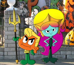  aquaman aquaman_(copyright) bigtyme black_eyes blonde_hair cartoon_network clothed clothing cosplay darwin_watterson day dc_comics duo fish front_view fully_clothed hair halloween holding_object holding_weapon holidays humanoid long_hair looking_at_viewer marine melee_weapon mera_(dc) multicolored_hair on_model orange_body orange_scales outside photo_background photography_(artwork) polearm rachel_wilson rainbow_lass scales smile teal_body teal_skin the_amazing_world_of_gumball toony trident weapon 