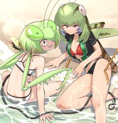  2girls :/ antennae arthropod_girl beach bikini black_bikini black_eyes blue_eyes bodysuit breasts bug cleavage commentary diving_suit evolvingmonkey from_behind full_body grasshopper grasshopper_inoue green_hair green_nails highres indian_style large_breasts light_green_hair looking_at_viewer looking_back lying mantis_akiyama mantis_girl monster_girl multiple_girls nail_polish on_side open_mouth original parasite praying_mantis red_bikini sand sharp_teeth shirt sitting swimsuit teeth twintails unzipped water wet wet_clothes wetsuit worm 