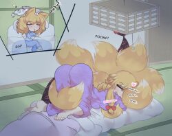  animal_ears ass barefoot bed blonde_hair blue_pajamas bow closed_eyes eye_print feet fluffy_tail fox_ears fox_girl fox_tail futon gap_(touhou) hairbow hat hugging_another&#039;s_tail hugging_tail indoors jungleboyayaya multiple_tails pajamas pillow purple_pajamas red_bow sleeping tail tail_on_face top-down_bottom-up touhou white_hat yakumo_ran yakumo_yukari zzz 