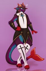  absurd_res anthro biped clothed clothing costume dragon forked_tail fur furred_dragon furred_scalie hair halloween halloween_costume headgear headwear hi_res holidays horn makar-ro male mythological_creature mythological_scalie mythology nun nun_habit nun_outfit religious_clothing scalie simple_background solo tail unusual_anatomy unusual_tail 