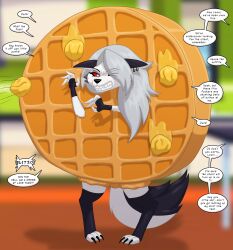  angry anthro breakfast butter canid canid_demon canine clothing costume dairy_products demon english_text female food food_costume hellaverse hellhound helluva_boss hi_res loona_(helluva_boss) mammal mythological_canine mythological_creature mythology runningtoaster solo text waffle waffle_costume 