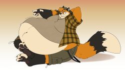  anthro backwards_baseball_cap backwards_hat baseball_cap belly big_belly biped black_body black_fur canid canine claws clothed clothing cross cross_necklace dipstick_tail exposed_belly fingerless_(marking) fingerless_gloves_(marking) fox fur gloves_(marking) grin grinning_at_viewer hand_behind_head hat headgear headwear hi_res huge_belly jewelry male mammal markings moobs navel necklace obese obese_anthro obese_male orange_body orange_fur overweight overweight_anthro overweight_male sitting smile smiling_at_viewer solo tail tail_markings tan_body tan_fur texansoda texansoda_(character) toe_claws 