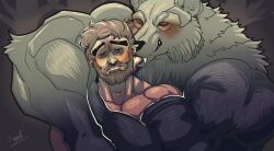  age_difference anthro barazoku beard black_body black_fur blush bodily_fluids body_hair canid canine chest_hair dominant dominant_anthro dominant_male duo facial_hair fangs fur hairy helpless hi_res hug hugging_another hugging_from_behind human human_on_anthro interspecies kissing looking_at_viewer male male/male male_on_bottom male_on_top mammal mature_anthro mature_male muscular muscular_anthro muscular_male mythological_canine mythological_creature mythology older_anthro older_male on_bottom on_top pinumontbalou possessive saliva saliva_on_tongue size_difference smile smiling_at_another smiling_at_partner submissive submissive_human submissive_male teeth werecanid werecanine werecreature werewolf 