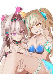  2girls absurdres aimii83 bare_shoulders bikini black_bikini blonde_hair breasts chinese_commentary commentary hair_intakes hair_ornament highres honkai_(series) honkai_impact_3rd large_breasts long_hair multicolored_hair multiple_girls navel official_alternate_costume ponytail purple_eyes simple_background smile songque songque_(whitewave_topper) streaked_hair swimsuit thelema_nutriscu thelema_nutriscu_(roseate_summer) very_long_hair white_background white_hair yellow_eyes 
