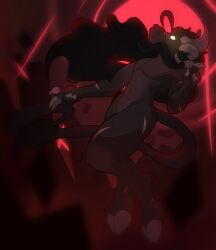  absurd_res anthro as_above_so_below_pose black_hair bovid caprine cross dramatic_lighting dutch_angle empty_eyes floating fur goat grey_body grey_fur hair hi_res horn inverted_cross low-angle_view male mammal scar solo someindecentfellow 