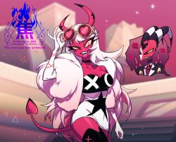  1boy blitzo_(helluva_boss) cho_bhd colored_skin commentary demon_boy demon_girl demon_horns demon_tail demon_wings dress english_commentary female glasses hellaverse helluva_boss horns long_hair looking_at_another middle_finger pink_skin raised_eyebrows red_skin tail verosika_mayday wings 