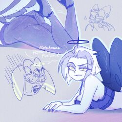  adam_(hazbin_hotel) ass bare_arms bare_shoulders black_shoes bra breasts commentary english_text female from_side halo hazbin_hotel hellaverse high_heels hooked_on_heel horns lace_pantyhose lace_pantyhose_hooked_on_heel_(meme) large_breasts looking_at_viewer lute_(hazbin_hotel) lying meme nail_polish on_stomach pantyhose shoes shu_katana symbol-only_commentary underwear wings yellow_eyes 