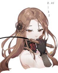  black_gloves breasts brown_eyes brown_hair cleavage closed_mouth completion_time female flower from_side gloves hair_ornament highres holding holding_whip idolmaster idolmaster_cinderella_girls long_hair looking_at_viewer looking_to_the_side neck_flower neko_(ganecooo) red_flower red_rose rose simple_background smile solo upper_body white_background zaizen_tokiko 