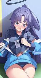  black_shirt blue_archive blue_buruma blue_eyes blue_jacket blush bottle buruma cowboy_shot female halo highres holding holding_bottle id_card jacket lanyard long_hair long_sleeves mechanical_halo mofu_namako official_alternate_costume open_mouth partially_unzipped ponytail purple_hair revision shirt short_sleeves solo thighs track_jacket water_bottle yuuka_(blue_archive) yuuka_(track)_(blue_archive) 