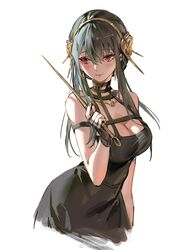  black_dress black_gloves black_hair breasts cleavage dress earrings female flower gloves hair_ornament highres jewelry large_breasts red_eyes sawamaharu solo spy_x_family weapon white_background yor_briar 