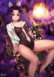  black_hair black_leotard blurry blurry_background breasts bug butterfly butterfly_hair_ornament cleavage esther_shen female gradient_hair hair_intakes hair_ornament haori high_heels japanese_clothes kimetsu_no_yaiba kochou_shinobu leotard looking_at_viewer medium_breasts midriff multicolored_hair navel parted_lips pumps purple_background purple_eyes purple_footwear purple_hair revealing_clothes short_hair signature sitting solo stomach strapless strapless_leotard 