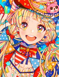  43_pon :d bang_dream! blonde_hair bow bowtie colorful commentary earrings female frills hairbow hat highres holding jacket jewelry long_hair looking_at_viewer mismatched_earrings open_mouth pennant polka_dot polka_dot_bow red_bow smile solo string_of_flags tsurumaki_kokoro twintails upper_body yellow_eyes 