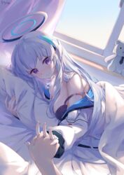  absurdres aeon_ion bare_shoulders bear blue_archive bra breasts commentary female halo highres holding_hands interlocked_fingers jacket large_breasts mechanical_ears mechanical_halo noa_(blue_archive) purple_bra purple_eyes sensei_(blue_archive) underwear white_hair white_jacket 