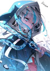  artist_name blue_eyes blue_hair blue_hoodie blue_nails bubble covered_mouth female floating_hair from_side gawr_gura gawr_gura_(1st_costume) grey_hair highres holding holding_weapon hololive hololive_english hood hood_up hoodie hoshizaki_reita medium_hair multicolored_hair polearm solo streaked_hair trident virtual_youtuber water weapon white_background 