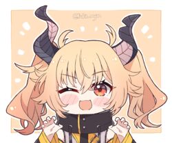  blonde_hair blush female horns kagase_uno kukie-nyan one_eye_closed open_mouth solo twintails versen virtual_youtuber yellow_eyes 