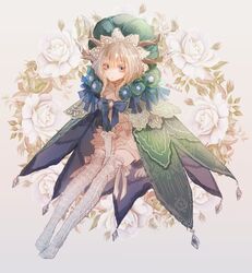  androgynous artist_name between_legs blue_bow blue_eyes bow byuura_(sonofelice) calyrex floral_background flower full_body green_hat hand_between_legs hat horns lace lace_legwear light_brown_hair medium_hair personification pokemon simple_background solo thighhighs white_background white_thighhighs 