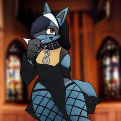  1:1 anthro chains cheek_tattoo chest_spike clothing collar confession_booth femboy fishnet_clothing generation_4_pokemon lucario male nintendo nun nun_outfit pokemon pokemon_(species) rhode_(rhode_arts) rhode_arts solo spikes spikes_(anatomy) studded_collar studs tattoo 