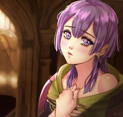  bare_shoulders bernadetta_von_varley blush collarbone commentary earrings english_commentary esther_shen female fire_emblem fire_emblem:_three_houses hair_between_eyes indoors jewelry long_hair looking_at_viewer parted_lips purple_eyes purple_hair shiny_skin signature solo upper_body 