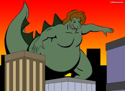  anthro belly brown_hair building chrisandcompany digital_media_(artwork) dinosaur extinct godzilla godzilla_(series) hair kaiju looking_down macro male monster open_mouth outside overweight overweight_male prehistoric_species reptile scalie sky solo tail teeth toho tongue town 