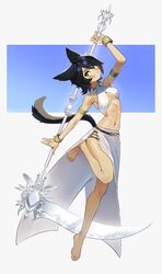  animal_ears arm_up armlet artist_name bare_shoulders barefoot black_hair blue_background bracelet breasts cat_ears cat_girl cat_tail commentary commission english_commentary feet female full_body green_eyes grin highres holding holding_scythe jewelry legs looking_at_viewer medium_breasts navel original scythe shiny_skin short_hair simple_background smile solo stomach tail toes toned tostantan two-tone_background white_background 