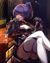  alcohol bar_stool black_gloves bottle breasts cleavage closed_mouth crossed_legs cup drinking_glass female gloves holding holding_sword holding_weapon honkai_(series) honkai_impact_3rd indoors katana long_hair long_sleeves looking_at_viewer ponytail purple_eyes purple_hair raiden_mei raiden_mei_(danzai_spectramancer) sitting smile solo stool sword table thighhighs weapon white_thighhighs wine wine_bottle wine_glass zomzomzomsauce 