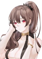  alternate_breast_size azur_lane backless_dress backless_outfit bare_shoulders black_dress black_gloves breasts brown_hair center_opening cleavage closed_mouth collarbone commentary_request cross cross_earrings dress earrings female gloves gold_bracelet gold_choker hair_between_eyes half_gloves hand_on_own_face hand_on_own_neck high_ponytail highres jean_bart_(azur_lane) jean_bart_(uninhibited_bloodstone)_(azur_lane) jewelry looking_at_viewer medium_breasts neko_(ganecooo) official_alternate_costume parted_lips ponytail red_eyes simple_background sleeveless sleeveless_dress solo upper_body white_background 