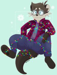  absurd_res anthro beryl_(just_some_bean) bottomwear bound christmas_lights clothing denim denim_bottomwear denim_clothing entangled eyewear flannel glasses hi_res jeans male mammal mustelid otter pants pixelyteskunk solo 