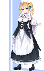  absurdres alternate_costume bare_shoulders black_footwear black_ribbon blonde_hair blue_background blue_eyes blue_ribbon blush breasts commentary cosplay cup detached_sleeves dress female frills full_body hair_ornament hayasaka_ai highres holding holding_plate kaguya-sama_wa_kokurasetai_~tensai-tachi_no_renai_zunousen~ long_hair long_sleeves looking_at_viewer m.tokotsu maid maid_headdress medium_breasts mug plate re:zero_kara_hajimeru_isekai_seikatsu ribbon roswaal_mansion_maid_uniform shoes side_ponytail simple_background solo teacup white_background x_hair_ornament 