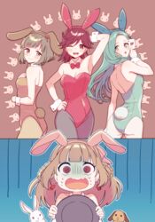  4girls :o ;d absurdres akane_(etra-chan_wa_mita!) animal_ears aqua_eyes aqua_hair aqua_leotard arm_up armpits ass bare_shoulders black_pantyhose blue_background blunt_bangs blush bob_cut bow bowtie braid breasts brown_background brown_eyes brown_hair brown_leotard brown_pantyhose card chinese_zodiac cleavage closed_mouth commentary_request cowboy_shot detached_collar etra-chan_wa_mita! etra_(etra-chan_wa_mita!) fake_animal_ears fake_tail hand_on_own_hip highres holding holding_card holding_tray leotard long_hair looking_at_viewer medium_hair multiple_girls nyako_(lhq3p) one_eye_closed open_mouth pantyhose playboy_bunny playing_card rabbit rabbit_ears rabbit_tail red_bow red_bowtie red_eyes red_hair red_leotard short_hair smile standing tail tray tsutsuji_(etra-chan_wa_mita!) upper_body virtual_youtuber wrist_cuffs year_of_the_rabbit yuzuriha_(etra-chan_wa_mita!) 