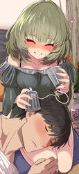  1boy ^_^ absurdres bare_shoulders black_hair blush bottle breasts cable cleavage closed_eyes commentary_request cup drunk female green_hair grin highres holding holding_cup idolmaster idolmaster_cinderella_girls lap_pillow medium_breasts mole mole_under_eye morino_shoutarou musical_note producer_(idolmaster) producer_(idolmaster_cinderella_girls_anime) seiza sitting smile takagaki_kaede 