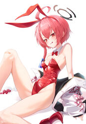  ahoge animal_ears bandaid bandaid_on_knee bandaid_on_leg bare_legs bare_shoulders black_jacket blue_archive bow bowtie breasts covered_navel cup detached_collar drinking_glass fake_animal_ears female hairband halo high_heels highleg highleg_leotard highres jacket ju-ok knee_up leotard long_hair looking_at_viewer mole mole_under_eye neru_(blue_archive) neru_(bunny)_(blue_archive) oerba_yun_fang playboy_bunny rabbit_ears red_bow red_bowtie red_eyes red_footwear red_hair red_hairband red_leotard shoes simple_background sitting small_breasts solo strapless strapless_leotard sweatdrop traditional_bowtie unworn_shoes white_background 